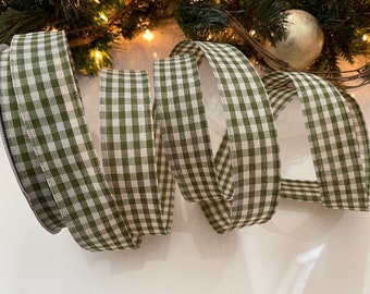 50 Yards 1.5" Green & Cream Gingham Wired Ribbon #63
