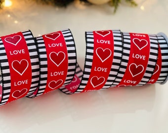10 Yard Roll - 2.5” Love & Heart Striped Edge Wired Ribbon #821