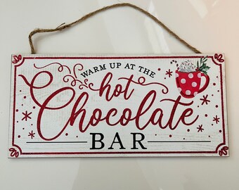 12” Wooden Hot Chocolate Bar Wreath Sign: Sparkly Red & Cream