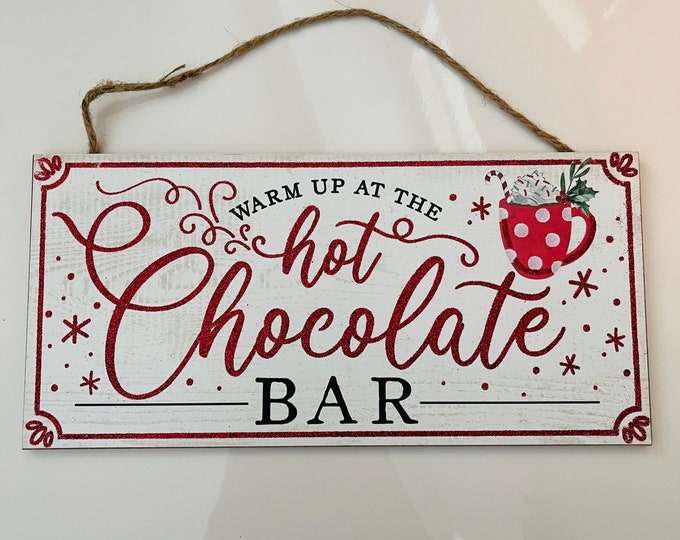 12” Wooden Hot Chocolate Bar Wreath Sign: Sparkly Red & Cream