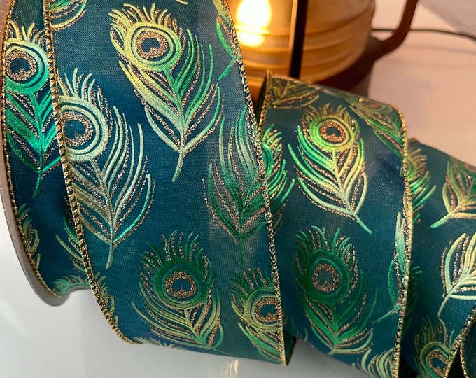 2.5” Peacock Gold Glitter Feather Pattern Teal Ribbon with Wired Edge