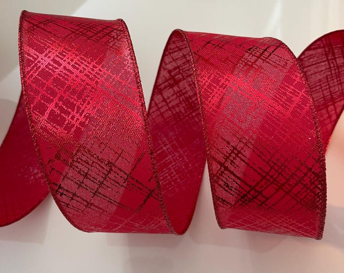 2.5” Red Metallic Criss Cross Stripe Wired Ribbon