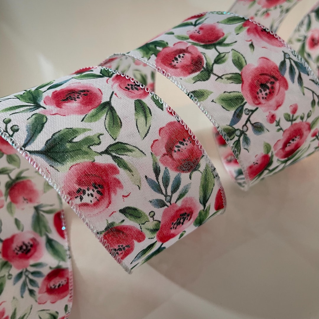 2.5” Pink & Red Flower Wired Ribbon - Etsy