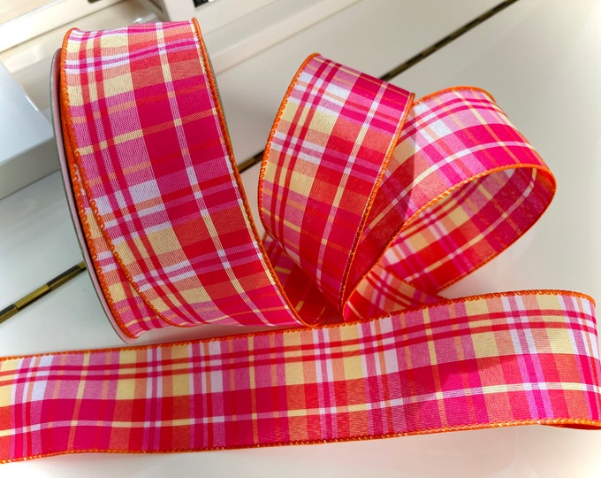 2.5” Pink, Orange, & Yellow Plaid Wired Ribbon #634 - Sold By The Yard
