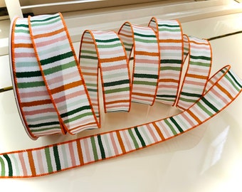 1.5” Green, White, & Orange Striped Wired Ribbon - Sold By The Yard