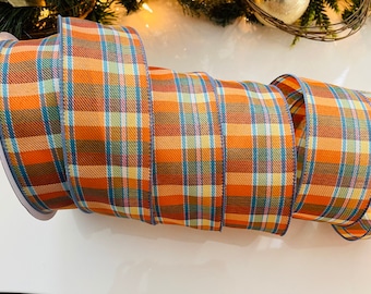 2.5” Plaid Wired Ribbon Orange & Blue #341 - Sold By The Yard