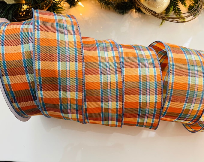 2.5” Plaid Wired Ribbon Orange & Blue #341 - Sold By The Yard