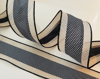 2.5” Beige Wired Ribbon With Black & White Polka Dot Center - Sold By The Yard