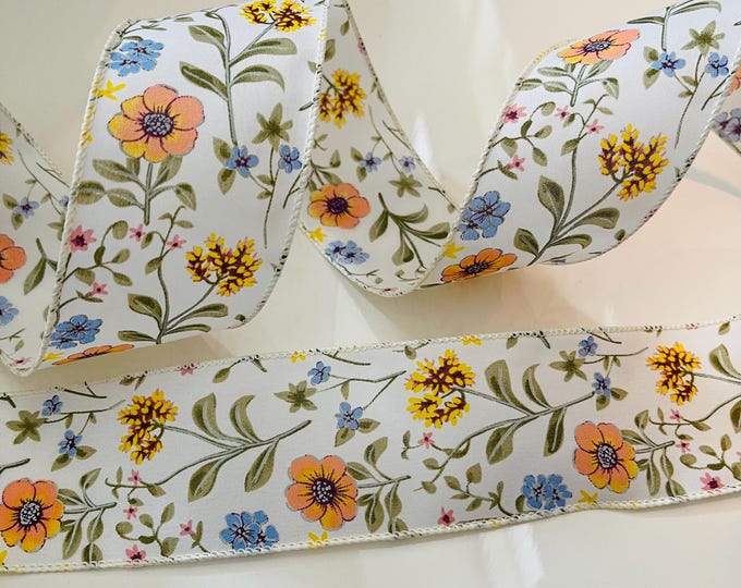 2.5” Spring Flowers Wired Ribbon: Green, Yellow, Peach, Blue, Pink, Cream #54