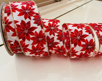 2.5” Christmas Poinsettia Wired Ribbon #723 - Sold By The Yard