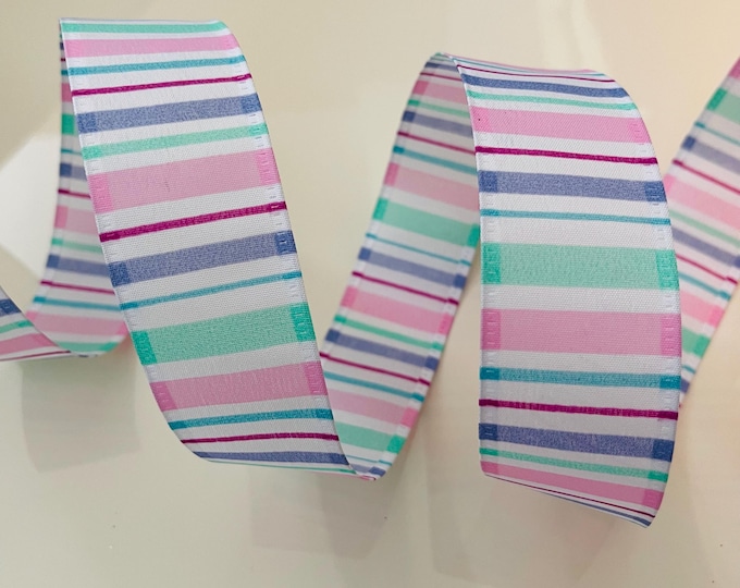 1.5” Pink, Purple, White, & Green Striped Wired Ribbon - Sold By The Yard
