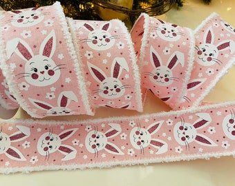 2.5" Pink Easter Wired Ribbon Sparkle Bunnies & Flowers With Fuzzy Edge #311 - 10 Yard Roll
