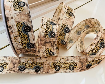 2.5” Cheetah Truck Birch Bark Wired Ribbon - Sold By The Yard
