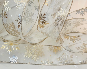 2.5” Golden Snowflake Sheer Wired Ribbon #773 - Sold By The Yard