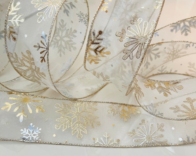 2.5” Golden Snowflake Sheer Wired Ribbon #773 - Sold By The Yard