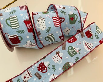 2.5” Light Blue Hot Cocoa Wired Ribbon: Light Blue, White, Green, Red - 10 Yard Roll
