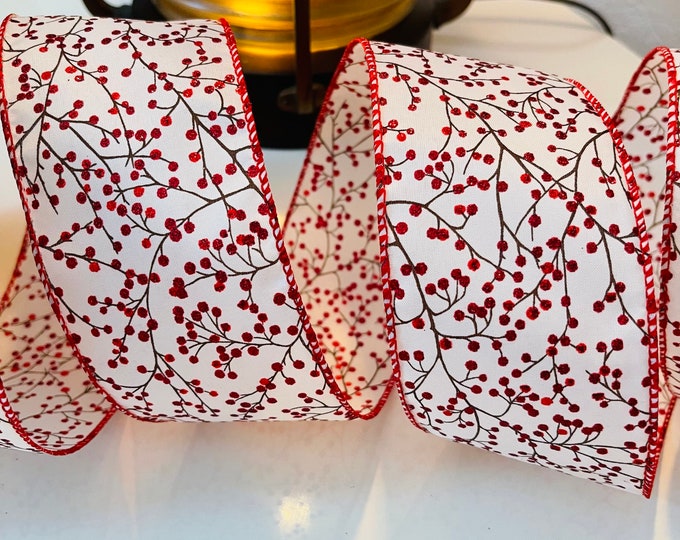 2.5” Christmas Holly Berry Sparkle Red & White Wired Ribbon #1229 - Sold By The Yard