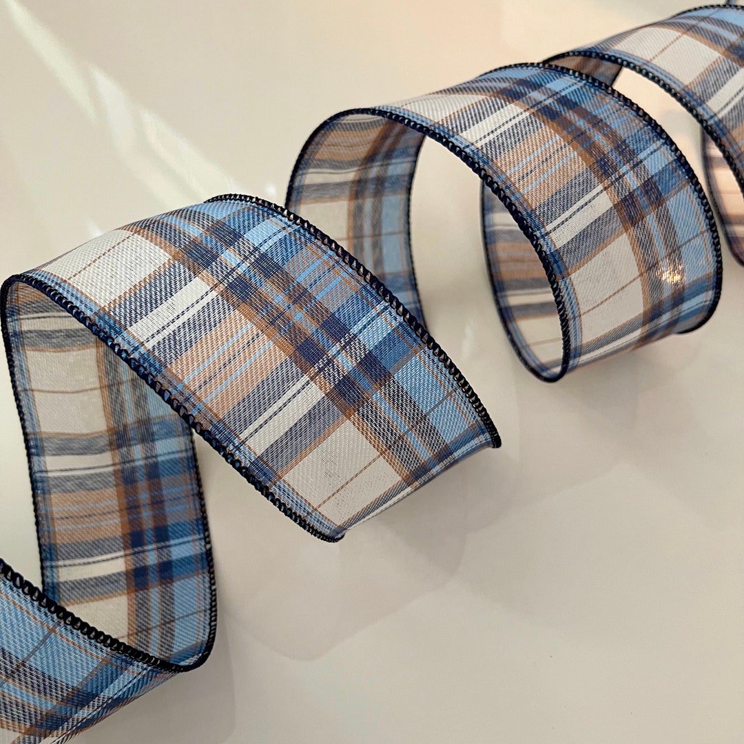2.5” Cozy Cabin Plaid Wired Ribbon: Blue, Brown, Cream #694 - Etsy