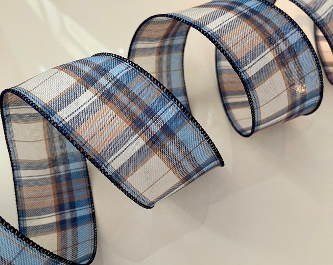 2.5” Cozy Cabin Plaid Wired Ribbon: Blue, Brown, Cream - Sold By The Yard