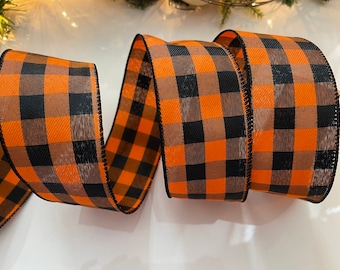 2.5" Black & Orange Plaid Wired Ribbon #104 - Sold By The Yard