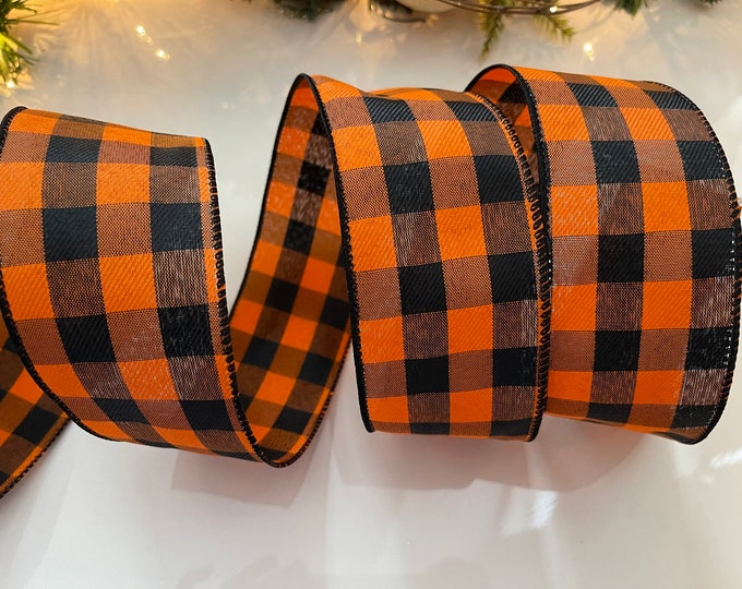 2.5" Black & Orange Plaid Wired Ribbon #104 - Sold By The Yard