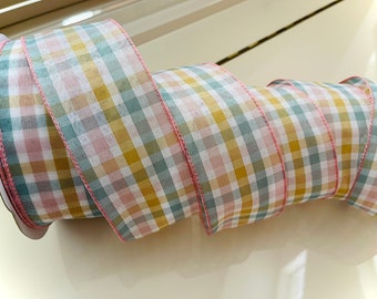 2.5” Colorful Soft Pastels Plaid Wired Ribbon - Sold By The Yard