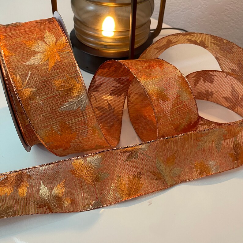 2.5 Sheer Rustic Orange Fall Leaves Wired Ribbon - Etsy