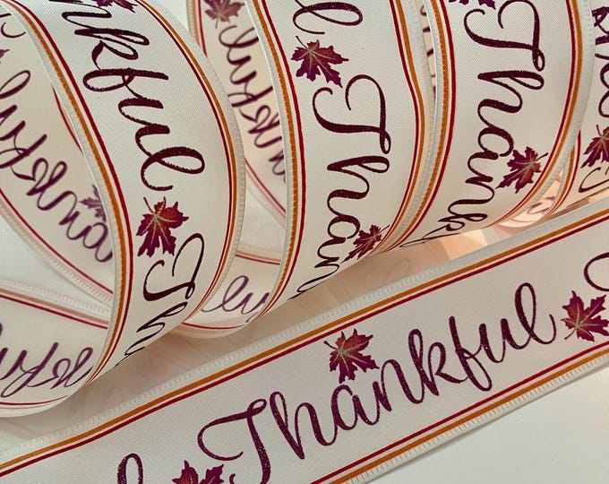 2.5" Glittery “ Thankful “ Fall Leaves Wired Ribbon: Purple, Orange, Red, Cream #994
