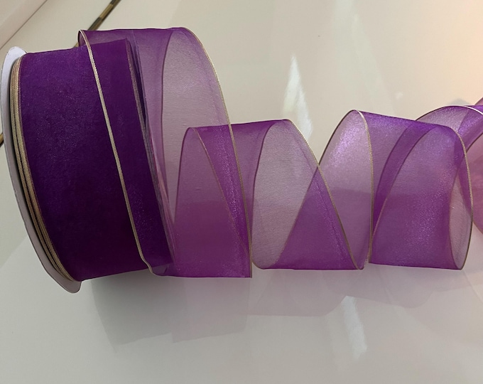 2.5” Sheer Purple Wired Ribbon with Golden Edge