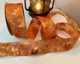 2.5" Sheer Rustic Orange Fall Leaves Wired Ribbon #522 - Sold By The Yard