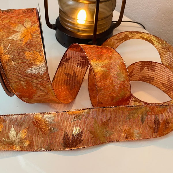 2.5" Sheer Rustic Orange Fall Leaves Wired Ribbon #522