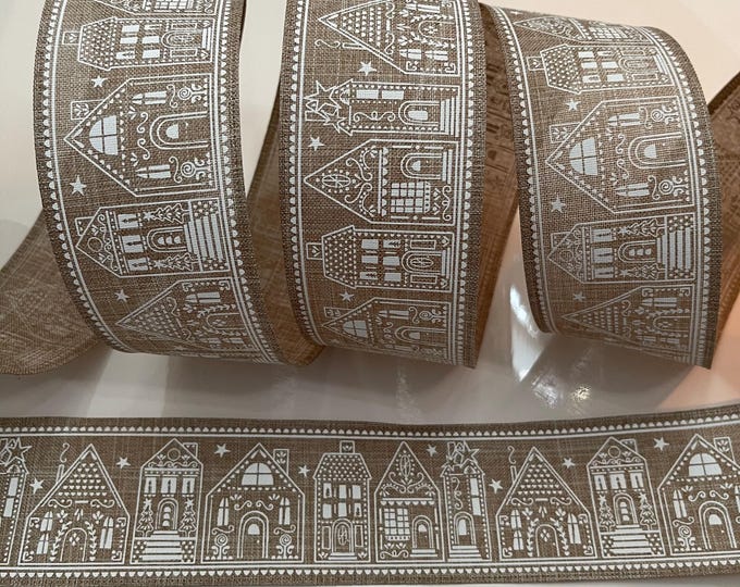 2.5” Christmas Houses Beige & White Wired Ribbon