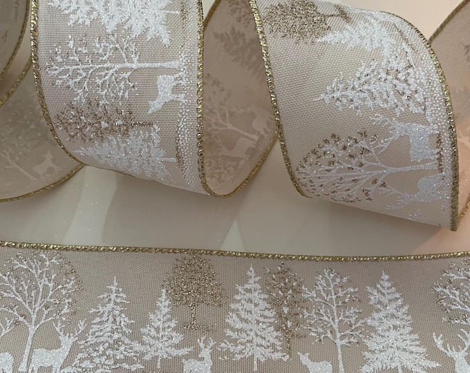 2.5” Snowy Glitter Trees & Reindeer Wired Ribbon: Beige, White, Gold