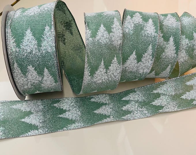 2.5” Green & White Snowy Forest Trees Wired Ribbon