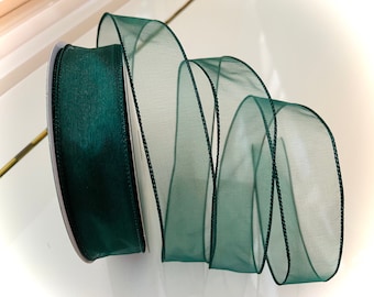 1.5” Sheer Forest Green Wired Ribbon #95 - Sold By The Yard