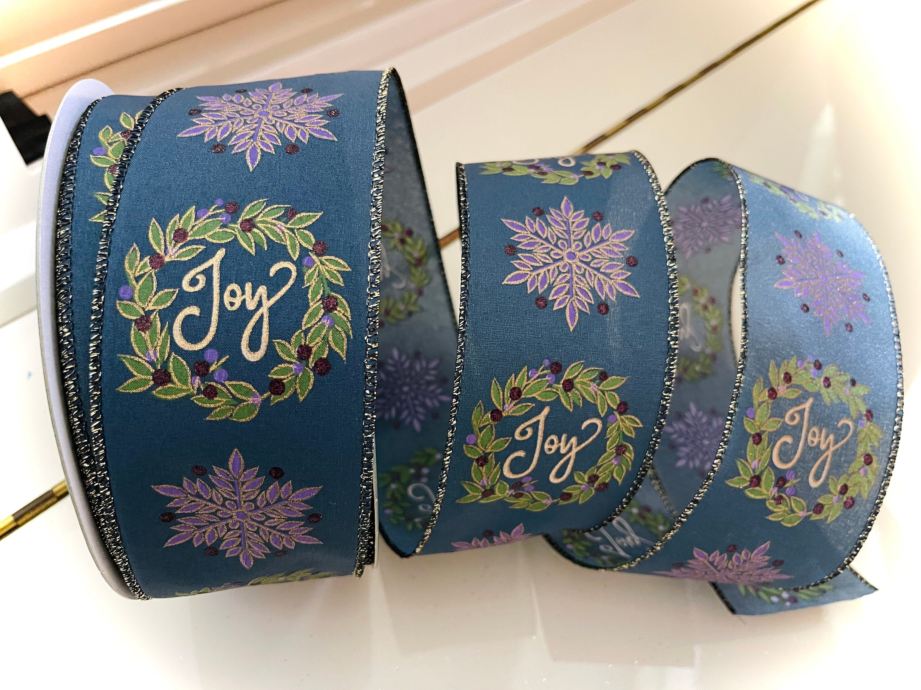 Blue ribbon, blue gold ribbon, Christmas ribbon, luxury ribbon