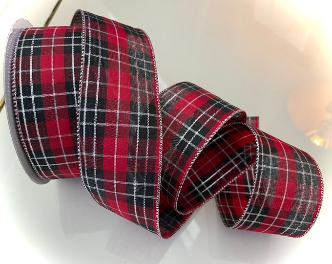 2.5” Red & Black Plaid Wired Ribbon - Sold By The Yard