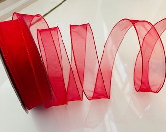 1.5” Sheer Red Wired Ribbon - Sold By The Yard