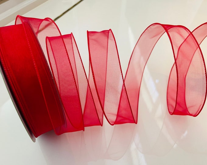 1.5” Sheer Red Wired Ribbon - Sold By The Yard