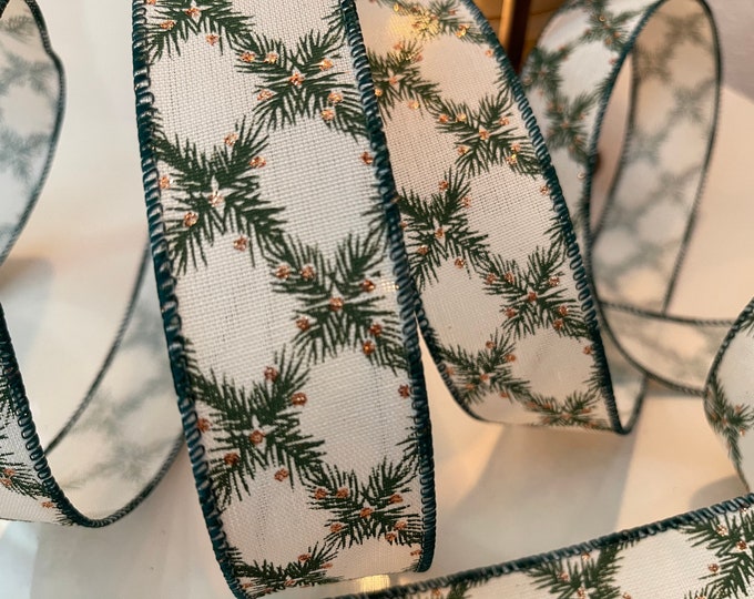 1.5” Crisscross Christmas Holly with Copper Glitter Dots Wired Ribbon #7433 - Sold By The Yard