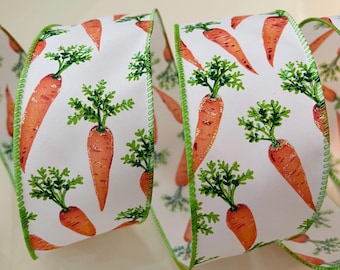 2.5” Sparkly Carrot Wired Ribbon: Green, Orange, White