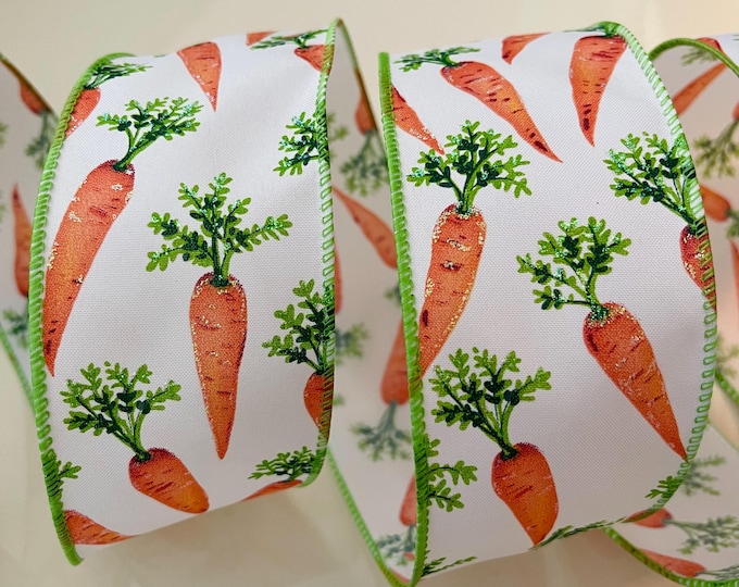 2.5” Sparkly Carrot Wired Ribbon: Green, Orange, White