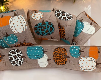 10 Yard Roll - 2.5" Pumpkin Wired Ribbon Cheetah & Polka Dot Pattern #324