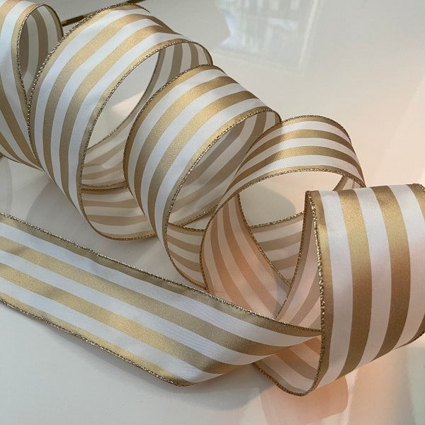 2.5” Gold & White Striped Wired Ribbon #424