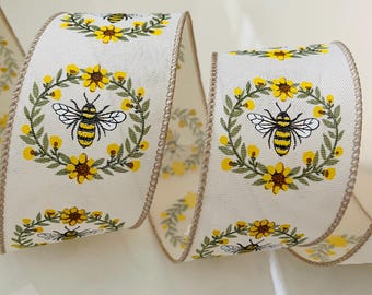2.5” Bumblebee Flower Wreaths Wired Ribbon: Green, Yellow, Brown, Beige