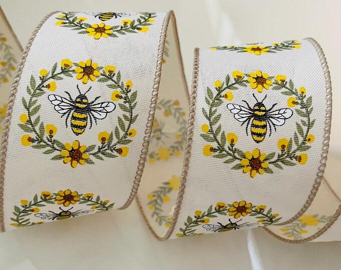 2.5” Bumblebee Flower Wreaths Wired Ribbon: Green, Yellow, Brown, Beige #443