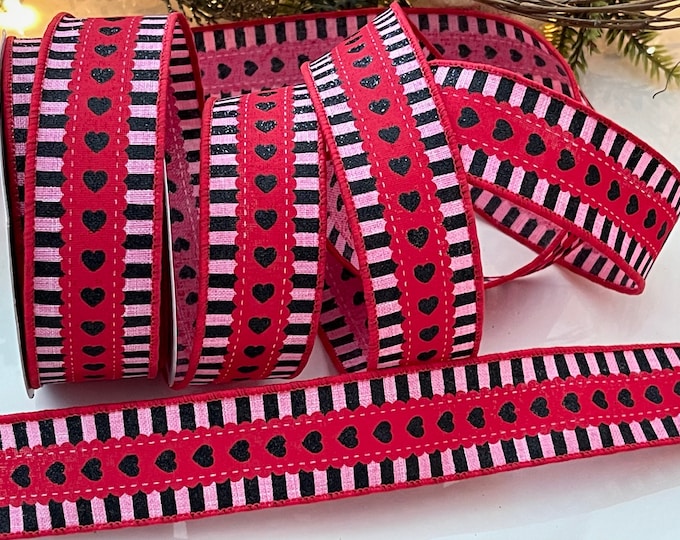 10 Yard Roll - 1.5” Striped Heart Wired Ribbon: Red, Pink, & Black