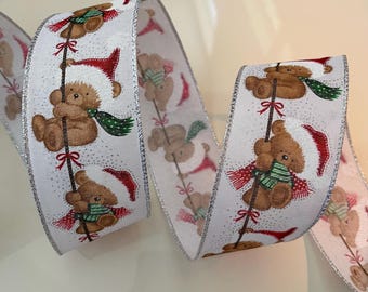 2.5” Christmas Teddy Bears Wired Ribbon: Red, Green, Brown, White - Sold By The Yard
