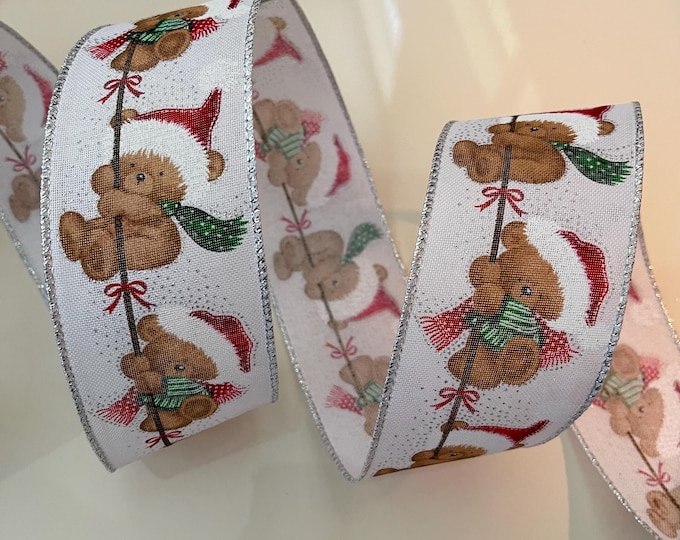 2.5” Christmas Teddy Bears Wired Ribbon: Red, Green, Brown, White - Sold By The Yard