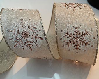 2.5” Copper Glitter Snowflakes and Polka Dots Wired Ribbon #805 - Perfect for Gift Wrapping, Wreaths, Decor & Much More! - Sold By The Yard